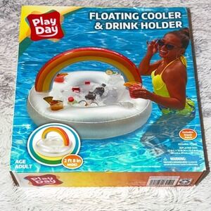 Play Day Floating Cooler & Drink Holder Inflatable Rainbow Pool Float 32in Wide